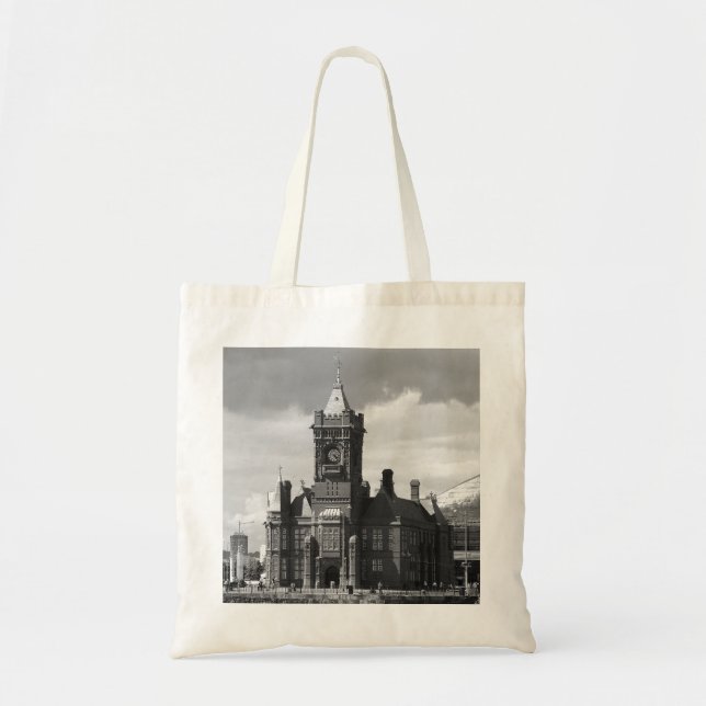 Bolso De Tela Edificio Pierhead, Cardiff, Gales (B&W) (Frente)
