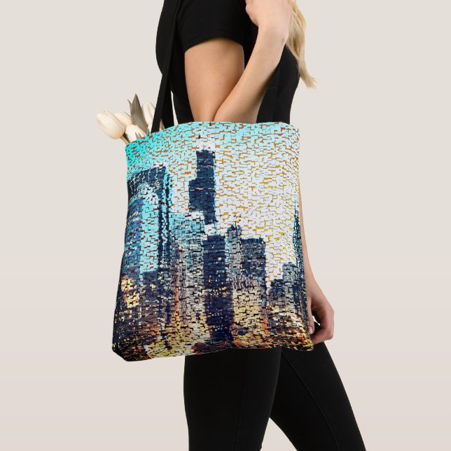 Bolso De Tela Edificios de la ciudad azul en estilo mosaico con  (Detalle)