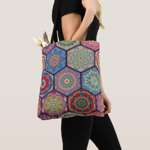 Bolso De Tela Edredón hexagonal floral colorido exótico Hexie