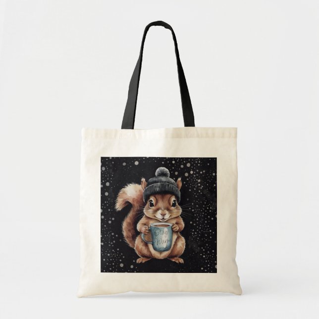 Bolso De Tela Eichhörnchen mit Tasse und Schnee „Stay Warm“ (Frente)