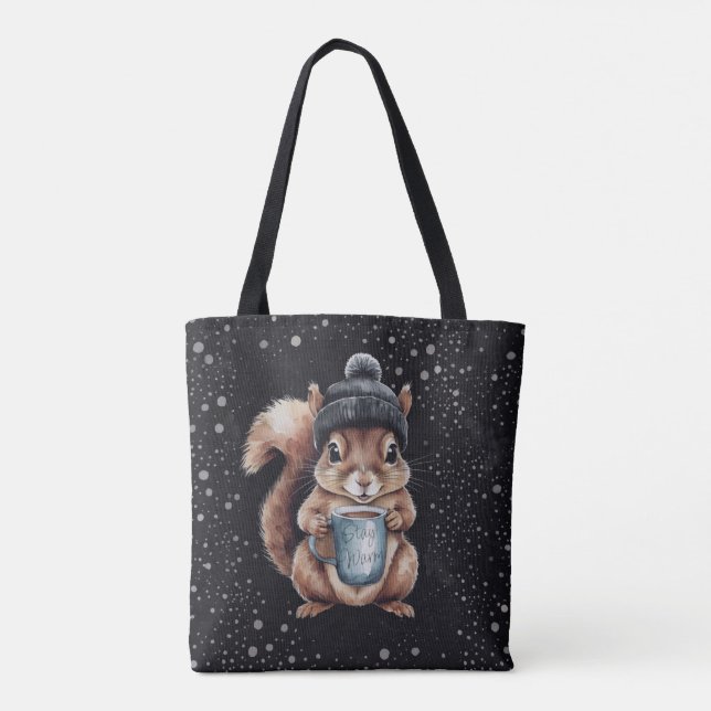 Bolso De Tela Eichhörnchen mit Tasse und Schnee „Stay Warm“ (Reverso)
