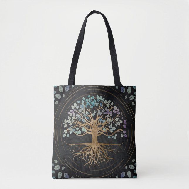 Bolso De Tela El árbol de la vida - Yggdrasil - oro y pintó (Anverso)
