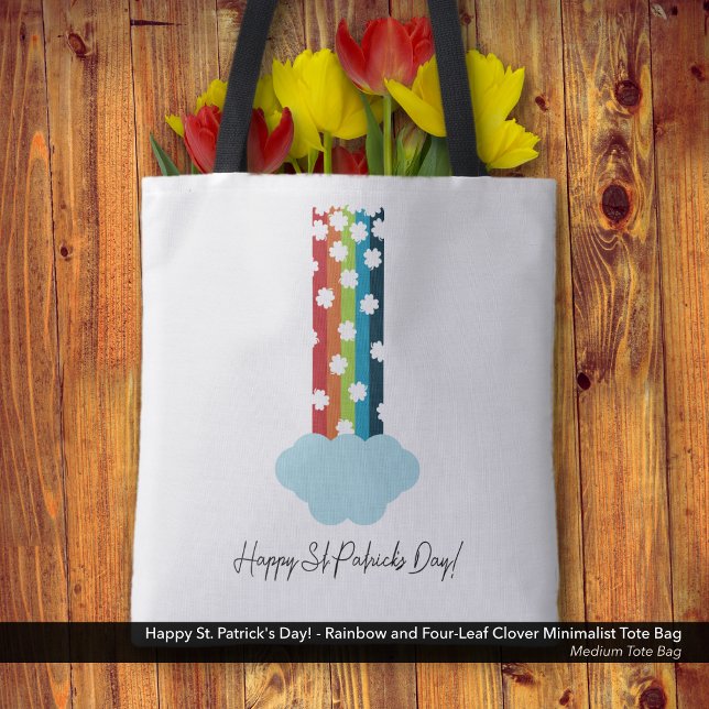 Bolso De Tela El arcoiris de 4 hojas del Día de San Patricio Min (Happy St. Patrick's Day! Minimalist Tote Bag with a Rainbow and Four-Leaf Clover Design.)