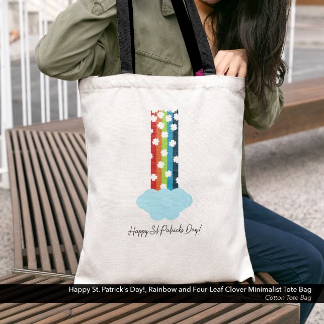 Bolso De Tela El arcoiris de 4 hojas del Día de San Patricio Min (Happy St. Patrick's Day Minimalist Tote Bag with a Rainbow and Four-Leaf Clover Design. )