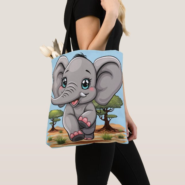Bolso De Tela El bebé elefante salta feliz en la sabana africana (Detalle)
