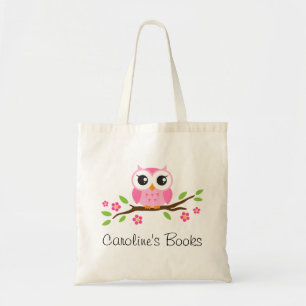 Bolso De Tela El búho rosado lindo en rama personalizó el libr