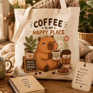 Bolso De Tela El Café Es Mi Lugar Feliz Gorra De Capibara Adorab