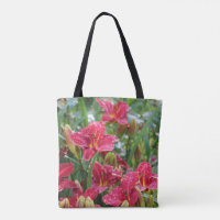 El carmesí sombrea Daylilies del día lluvioso