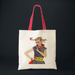 Bolso De Tela El Chica que robó aviones<br><div class="desc">Artista:Coby Whitmore | Chica frente al avión con traje de salto azul y bandana roja</div>