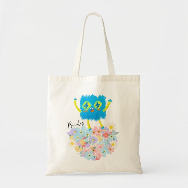 Bolso De Tela El Feliz Garabato Azul en un Lecho de Flores (Frente)