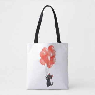 Bolso De Tela El gatito negro lindo sostiene un montón de globos