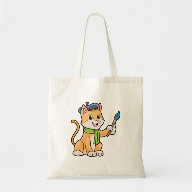 Bolso De Tela El gato como pintador con pincel y bufanda (Frente)