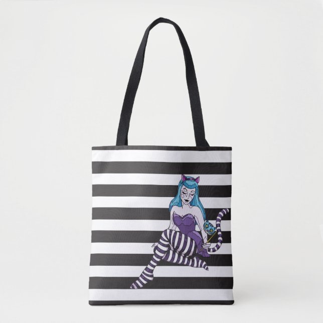 Bolso De Tela El gato de Cheshire raya la raya negra (Anverso)
