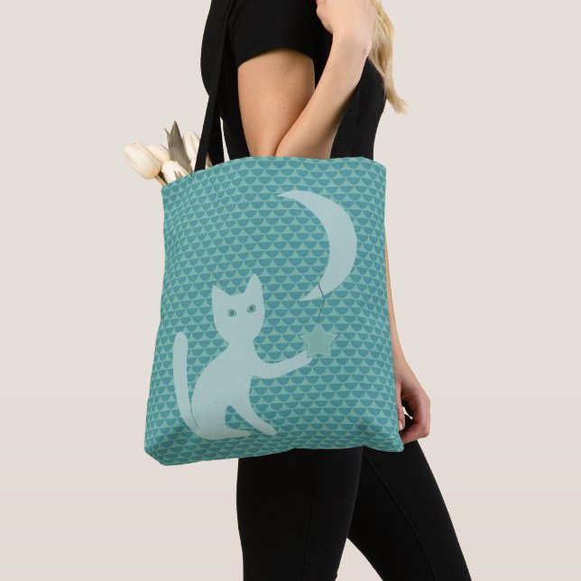 Bolso De Tela El gato juega con la luna y la estrella Verde azul (Detalle)