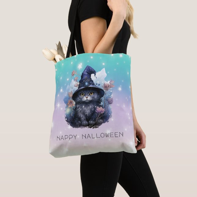 Bolso De Tela El gato negro ve al Gorra Rainbow Pastel Halloween (Detalle)