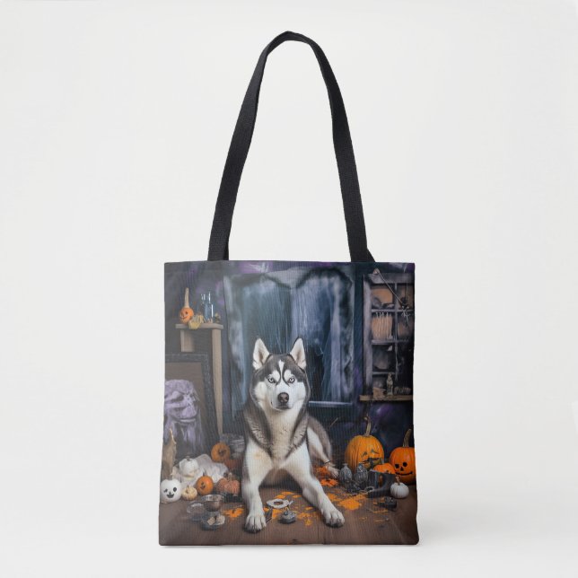Bolso De Tela El Husky Siberiano Calabaza Halloween Scary (Anverso)
