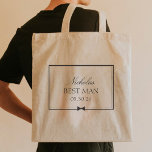 Bolso De Tela El mejor hombre de Bowtie simple clásico personali<br><div class="desc">Celebra a tu mejor hombre con esta elegante bolsa de personalizable. Diseñado en una atemporal paleta en blanco y negro, incluye su nombre, título y su fecha especial, enmarcada por un elegante borde y un refinado ilustracion de arco. Perfecto para llevar todo lo necesario en un gran día, este tote...</div>