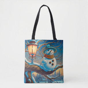 Bolso De Tela El muñeco de nieve junto a la farola de Navidad