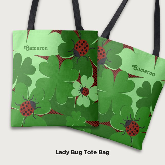 Bolso De Tela El nombre de la "Cuadybug Clover" en rojo verde (Cute Ladybug Clover Leaves Name in Green Red Tote Bag)