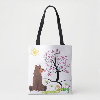 Bolso De Tela El oso observa el florecimiento del árbol y el páj