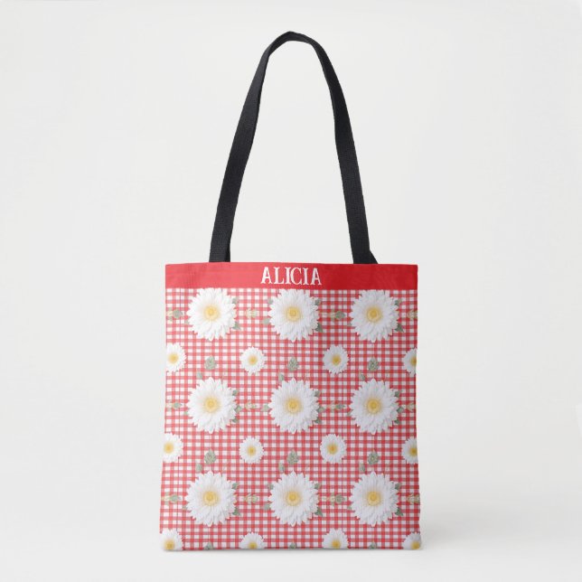 Bolso De Tela El país rojo Gingham con las flores blancas (Anverso)