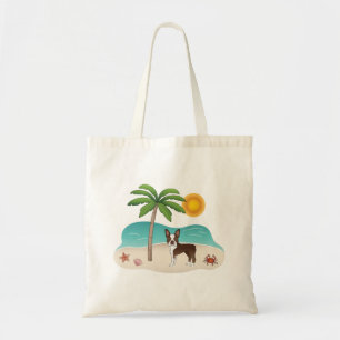 Bolso De Tela El Terrier Marrón De Boston En Una Playa Tropical 