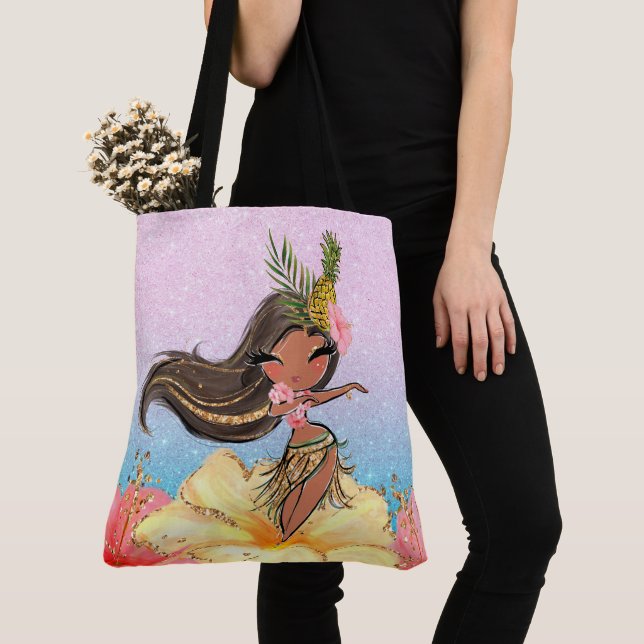 Bolso De Tela El Tote hawaiano Hula Chica mira hacia atrás (Detalle)