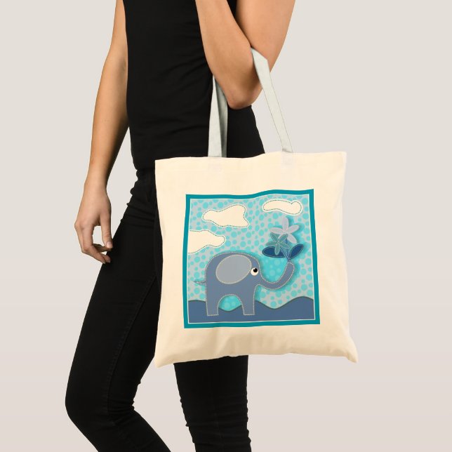 Bolso De Tela Elefante azul bebé y flores (Anverso (producto))