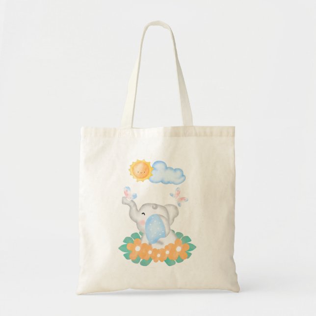 Bolso De Tela Elefante bebé lindo con flores naranjas (Frente)