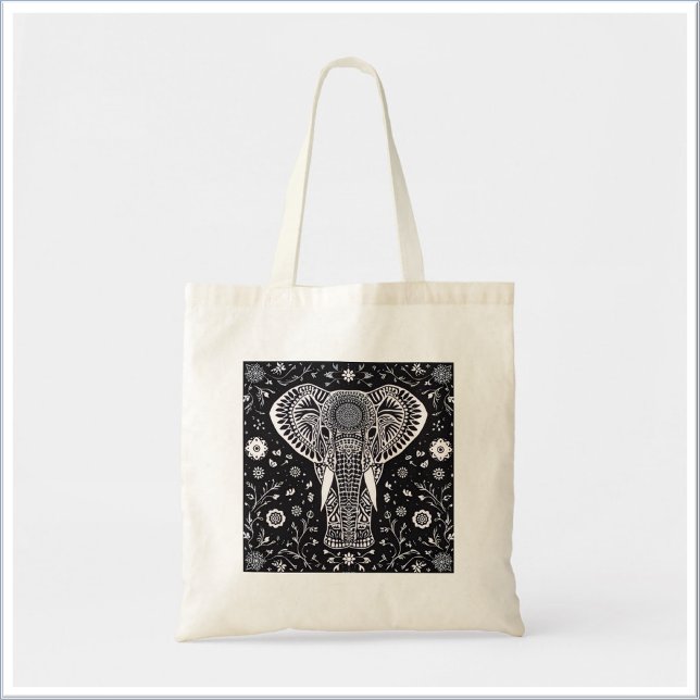 Bolso De Tela Elefante de Batik negro y blanco Boho (Subido por el creador)