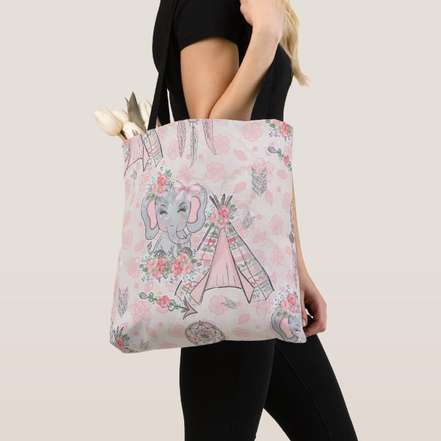 BOLSO DE TELA ELEFANTE DE BEBÉ DE PINK & GRY BOHO Y DREAMCATCHER (Detalle)