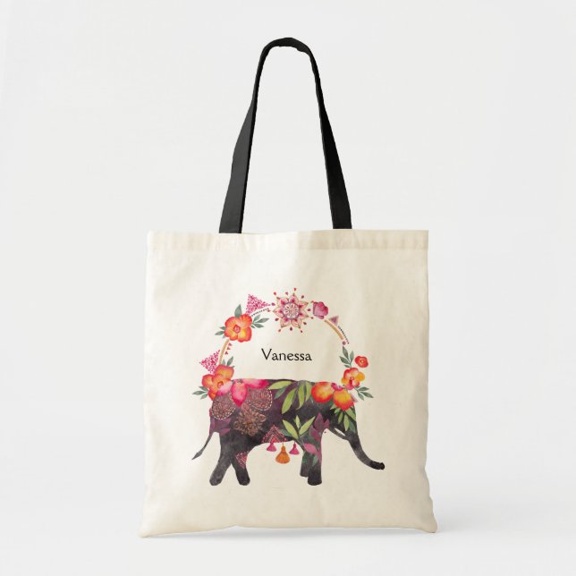 Bolso De Tela Elefante de flores con guirnalda de Mandala (Frente)