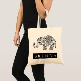Bolso De Tela Elefante de Paisley Floral Negra y Blanca