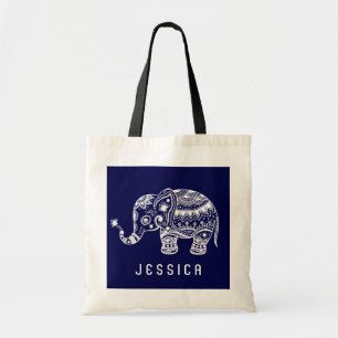 Bolso De Tela Elefante floral blanco y azul marino