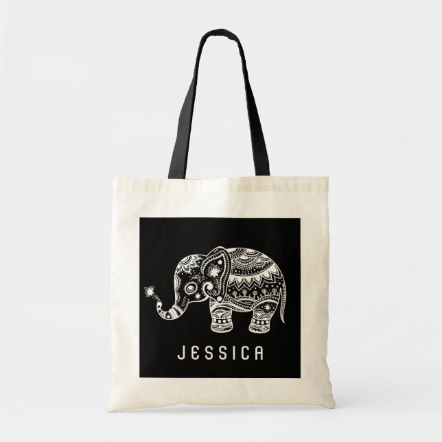 Bolso De Tela Elefante Floral Blanco Y Negro Cubierto (Frente)