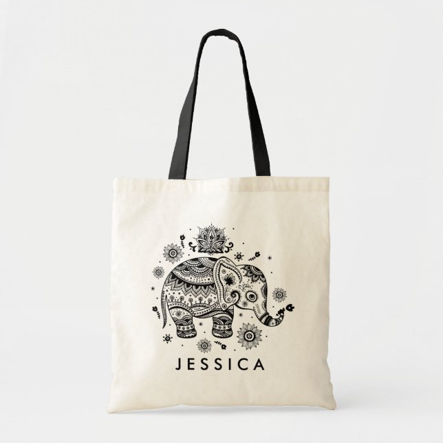 Bolso De Tela Elefante floral negro retro (Frente)
