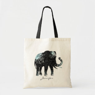 Bolso De Tela Elefante floral negro y azul