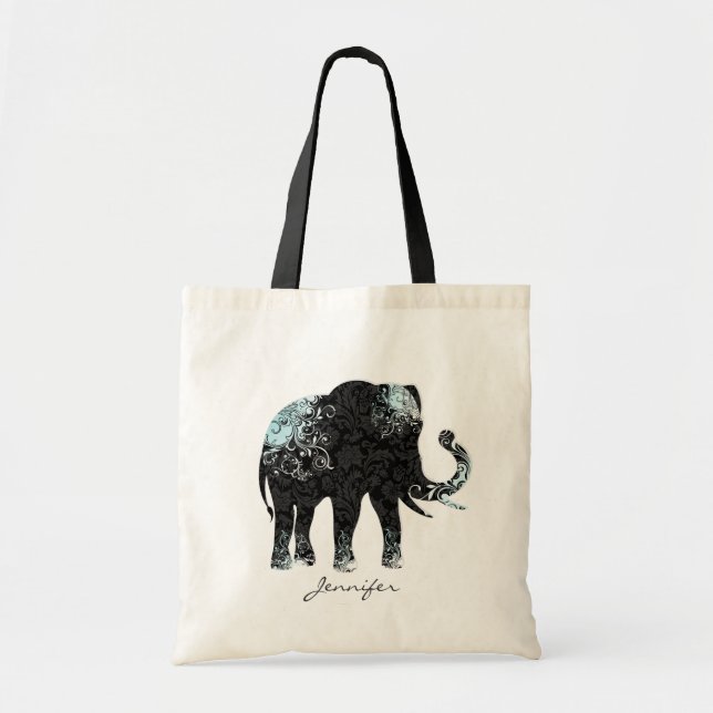 Bolso De Tela Elefante floral negro y azul (Frente)
