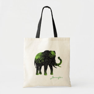 Bolso De Tela Elefante floral negro y verde
