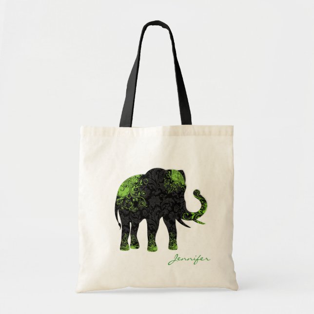 Bolso De Tela Elefante floral negro y verde (Frente)