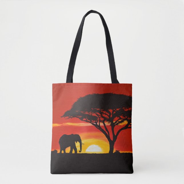 Bolso De Tela Elefante solitario en un atardecer africano (Anverso)