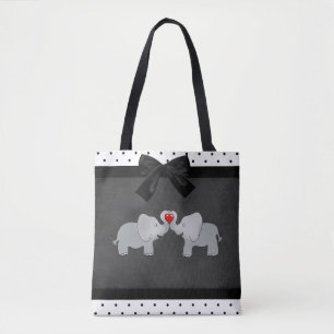 Bolso De Tela Elefantes Adorables y Bonitos,Lunares,Lazo Negro