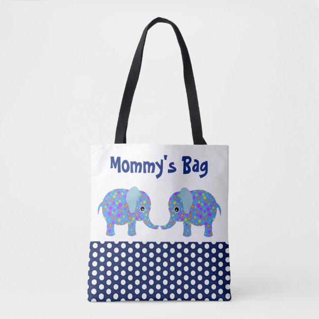 Bolso De Tela Elefantes azules con puntos de polka azul de la ma (Anverso)