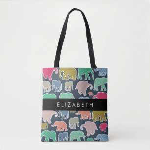 Bolso De Tela Elefantes Coloridos, Patrón de Elefantes, Tu Nombr