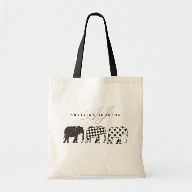 Bolso De Tela Elefantes, nombre monograma del patrón blanco y ne (Frente)