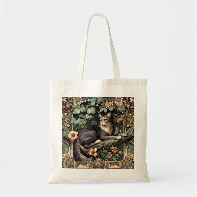 Bolso De Tela Elegancia Art Nouveau de gato floral (Frente)