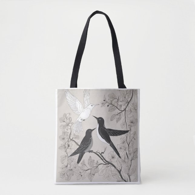 Bolso De Tela Elegant Black & White Birds Floral Art Tote Bag (Anverso)