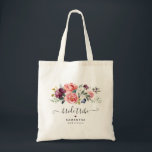 Bolso De Tela Elegant Burgundy Coral Peach Floral Bridal Party<br><div class="desc">This tote bag features hand painted watercolor florals in burgundy & coral peach shades,  paired with a swirly whimsical font,  that can be personalized with your custom text.</div>