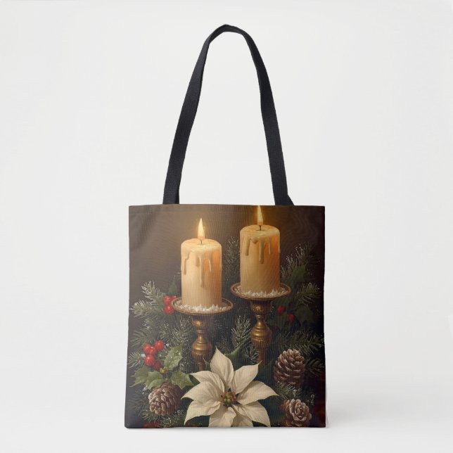 Bolso De Tela Elegant candle holly pine warm festive christmas (Anverso)