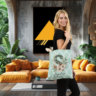 Bolso De Tela Elegant Floral Monogram – Mint Green Botanical Art